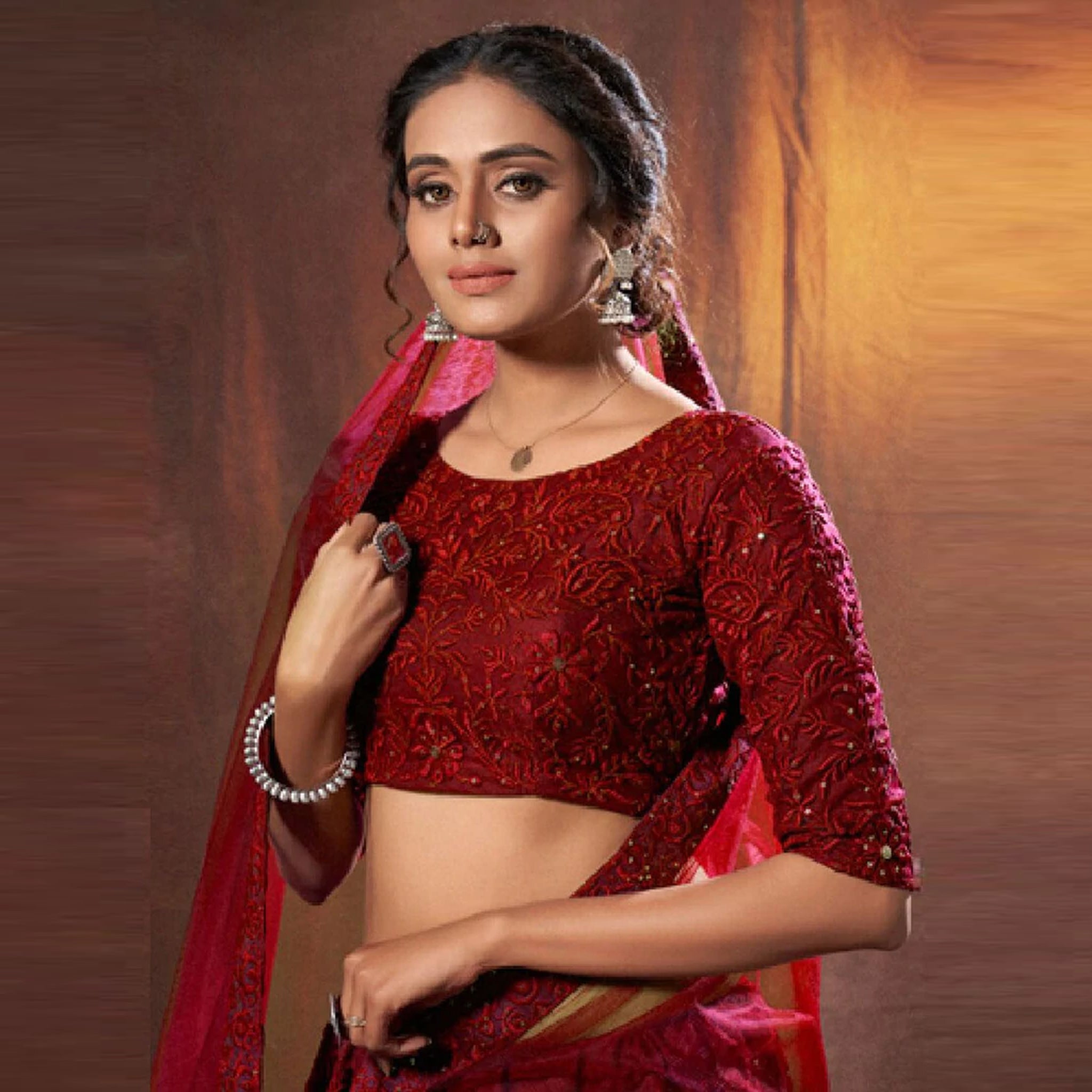 Niya Dholu - Indian Red Lehenga and Pearl Dabka Kasab Embroidered Red Blouse  available only at Trendroots Couture